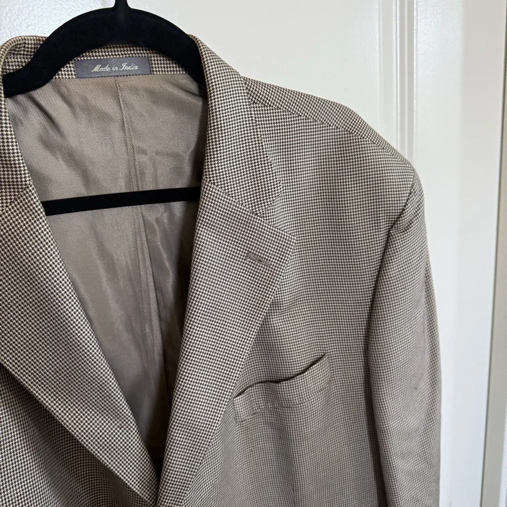 Vintage Oscar De La Renta 100% silk houndstooth tan blazer academia 48R brown